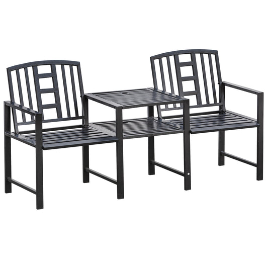 Steel Garden Bench w/ Middle Table, Umbrella Hole, Double Seat for Outdoor, Patio, Backyard Weather-Resistant Frame, Black - Gallery Canada