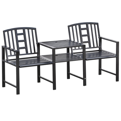 Steel Garden Bench w/ Middle Table, Umbrella Hole, Double Seat for Outdoor, Patio, Backyard Weather-Resistant Frame, Black