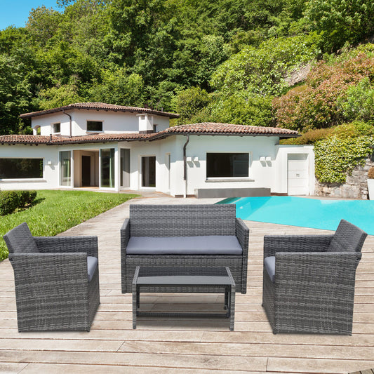 4 Pieces Patio Furniture Set with Cushions, Outdoor PE Rattan Wicker Conversation Garden Sofa Set with 2-Seater Chairs &; Glass Coffee Table, Grey - Gallery Canada