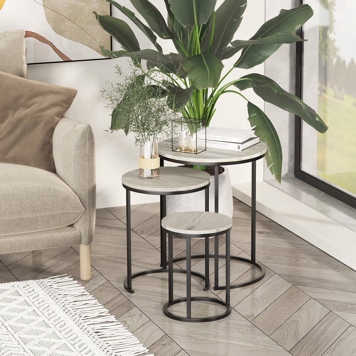 Nesting Tables Set of 3, Round Coffee Table, Modern Stacking Side Tables with Wood Grain Steel Frame for Living Room, Grey Side Tables   at Gallery Canada