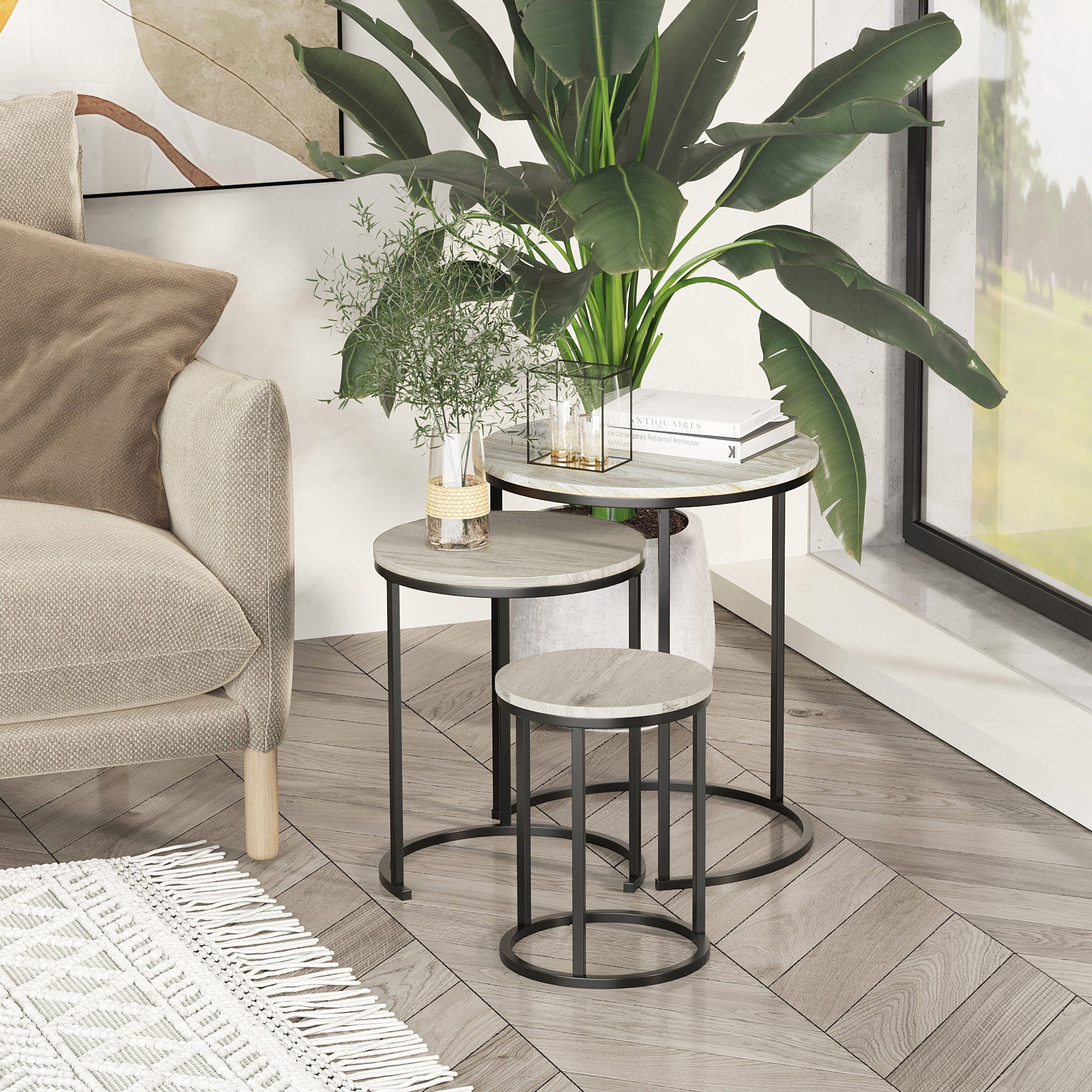 Nesting Tables Set of 3, Round Coffee Table, Modern Stacking Side Tables with Wood Grain Steel Frame for Living Room, Grey Side Tables   at Gallery Canada