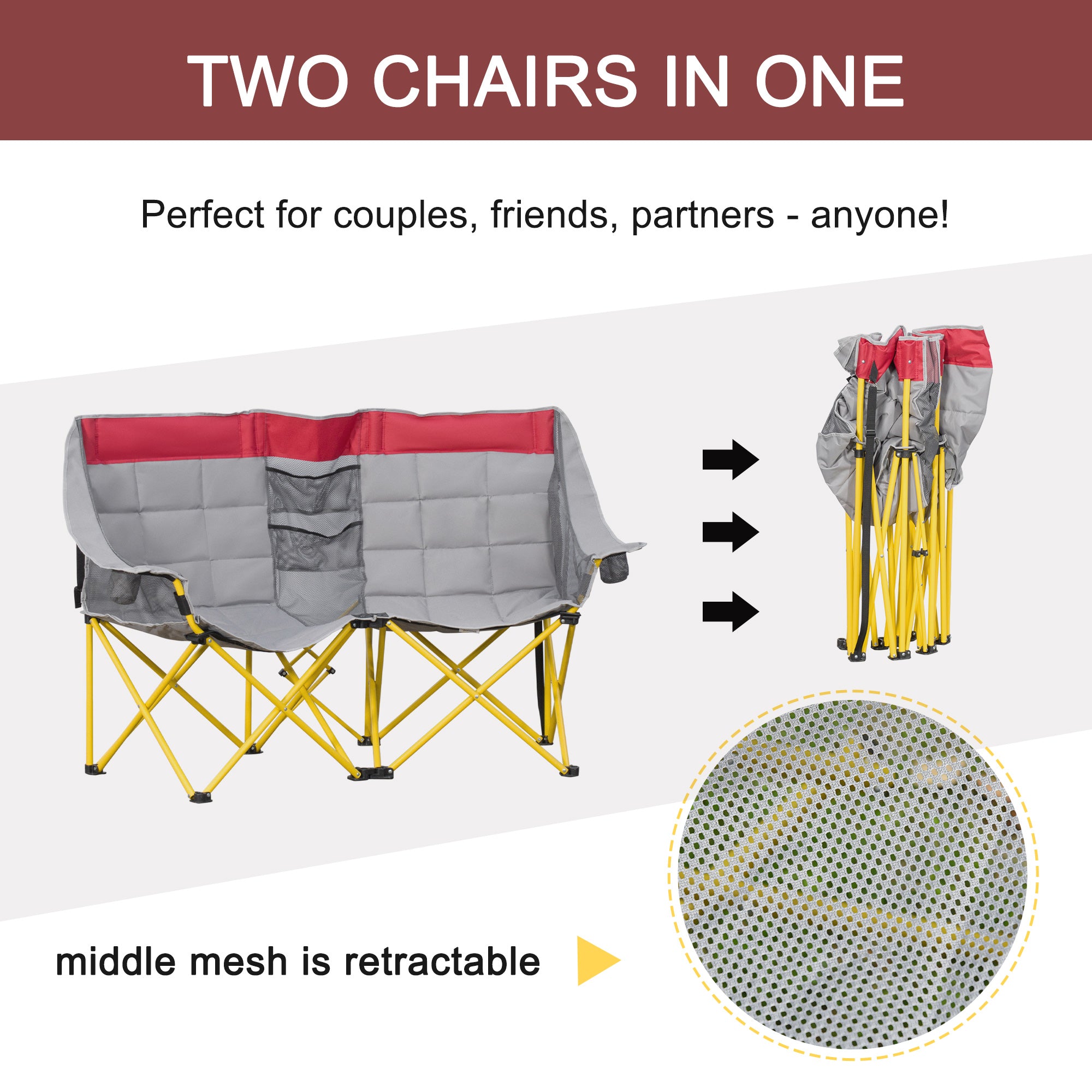 Compact Double Seat Camping Chair with Storage Pocket & Cup Holder, Red Picnic Tables & Camping Chairs   at Gallery Canada