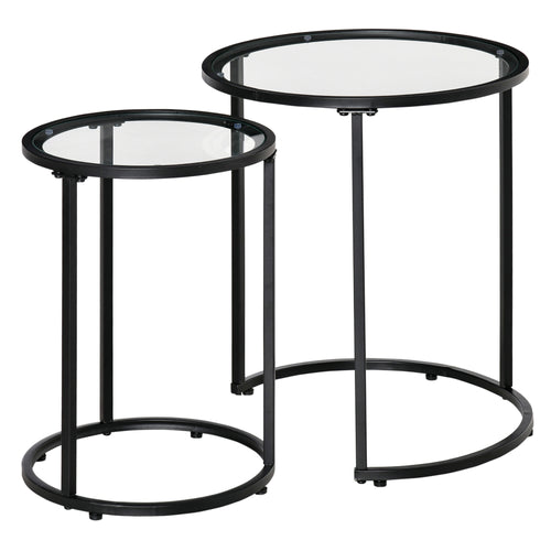 Set of 2 Nesting Coffee Tables with Metal Base, Round Side Table with Tempered Glass Tabletop for Living Room, Bedroom, Black