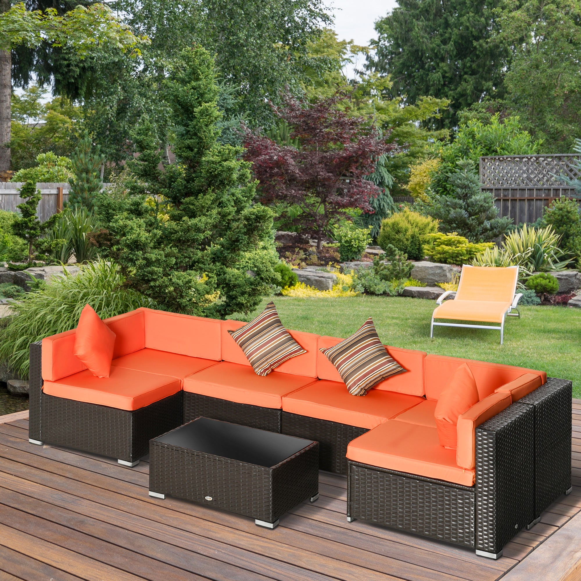 7pcs Garden Wicker Sectional Set w/ Tea Table Patio Rattan Lounge Sofa with Cushion for Outdoor Deck Orange Patio Furniture Sets   at Gallery Canada