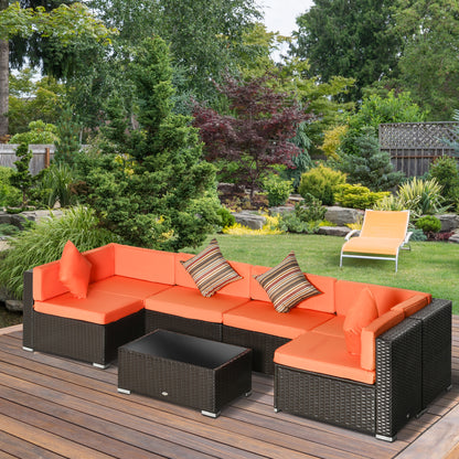 7pcs Garden Wicker Sectional Set w/ Tea Table Patio Rattan Lounge Sofa with Cushion for Outdoor Deck Orange Patio Furniture Sets   at Gallery Canada