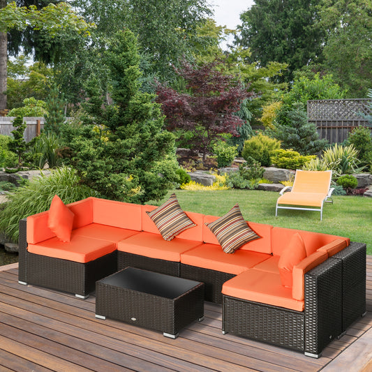 7pcs Garden Wicker Sectional Set w/ Tea Table Patio Rattan Lounge Sofa with Cushion for Outdoor Deck Orange Patio Furniture Sets Multi Colour  at Gallery Canada