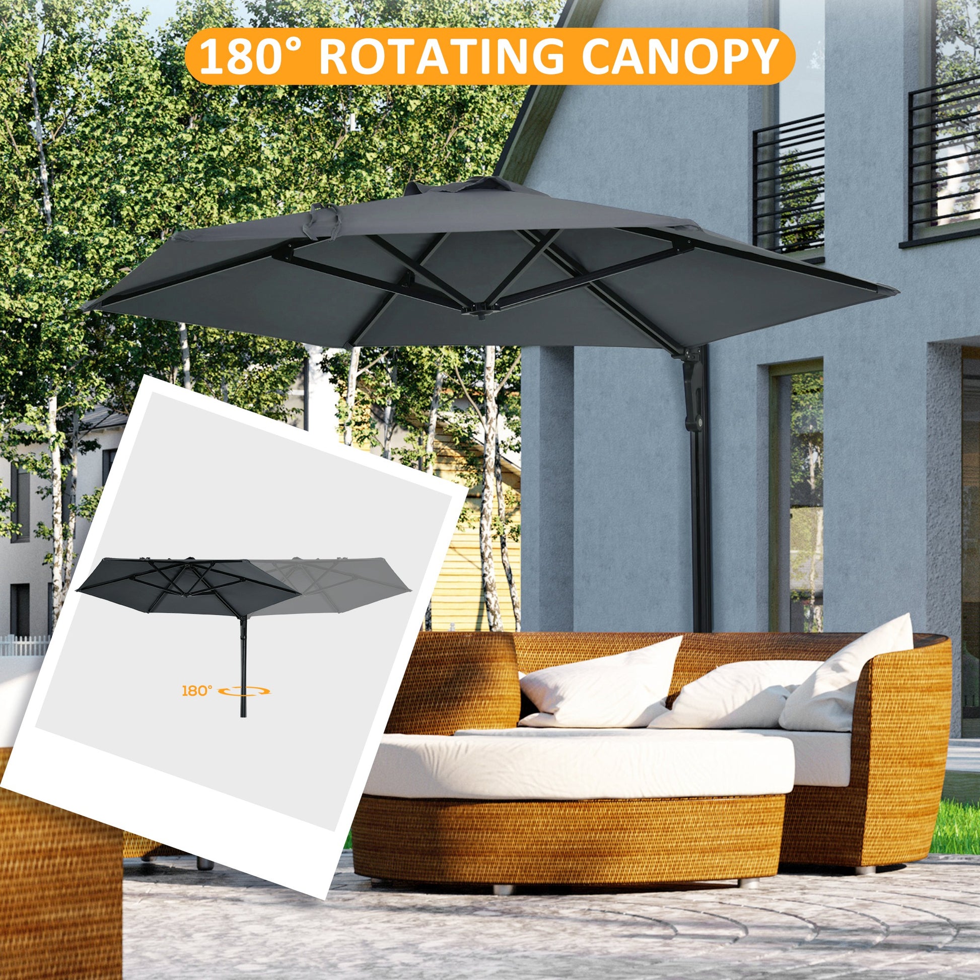 8 ft Wall Mounted Umbrella with 180° Rotatable Canopy, Patio Wall Parasol for Outdoor, Garden, Balcony, Yard, Dark Grey Sun Umbrellas   at Gallery Canada