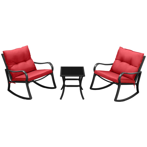 3-Piece Patio Wicker Rocking Chair Set with Cushions and Table, Red