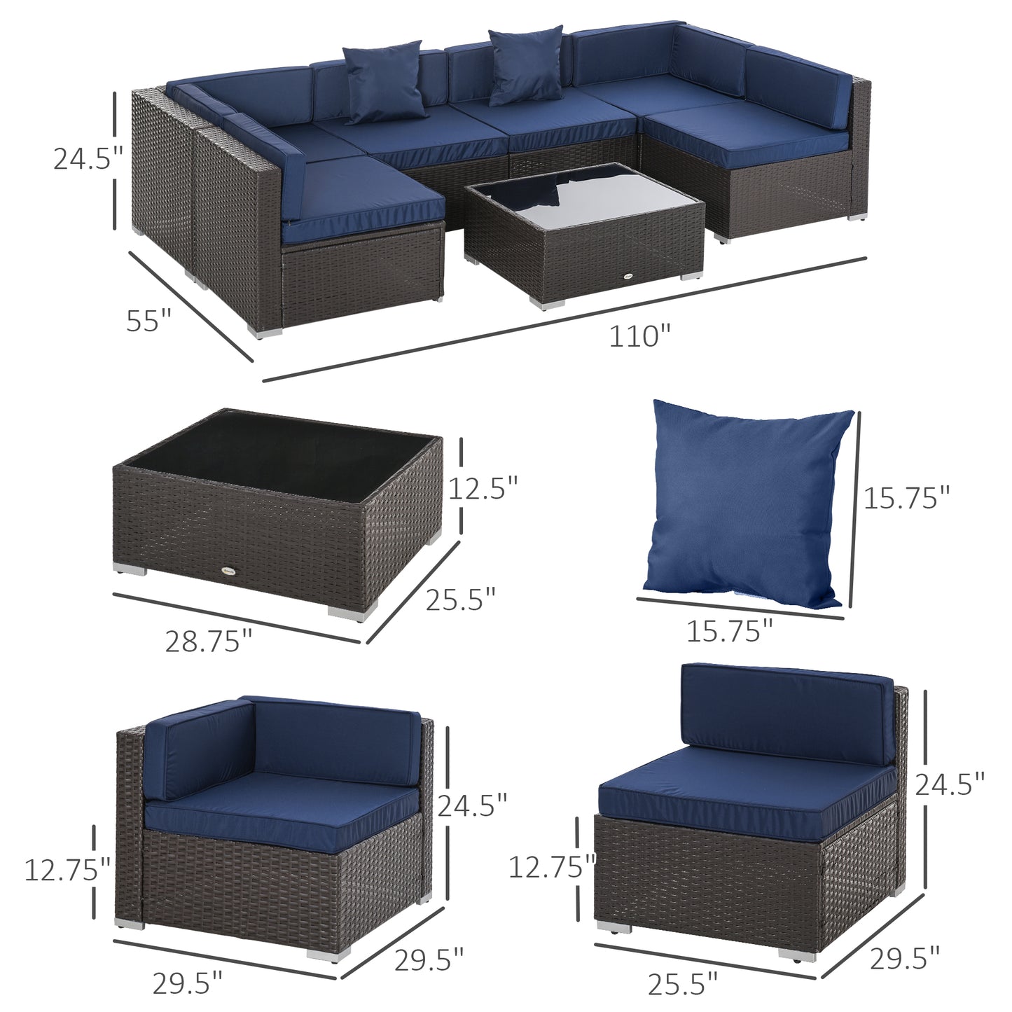 7 Pieces Patio Furniture Set, Rattan Outdoor Conversation Set Garden Wicker Sofa Set, Sectional Furniture, Navy Patio Furniture Sets   at Gallery Canada