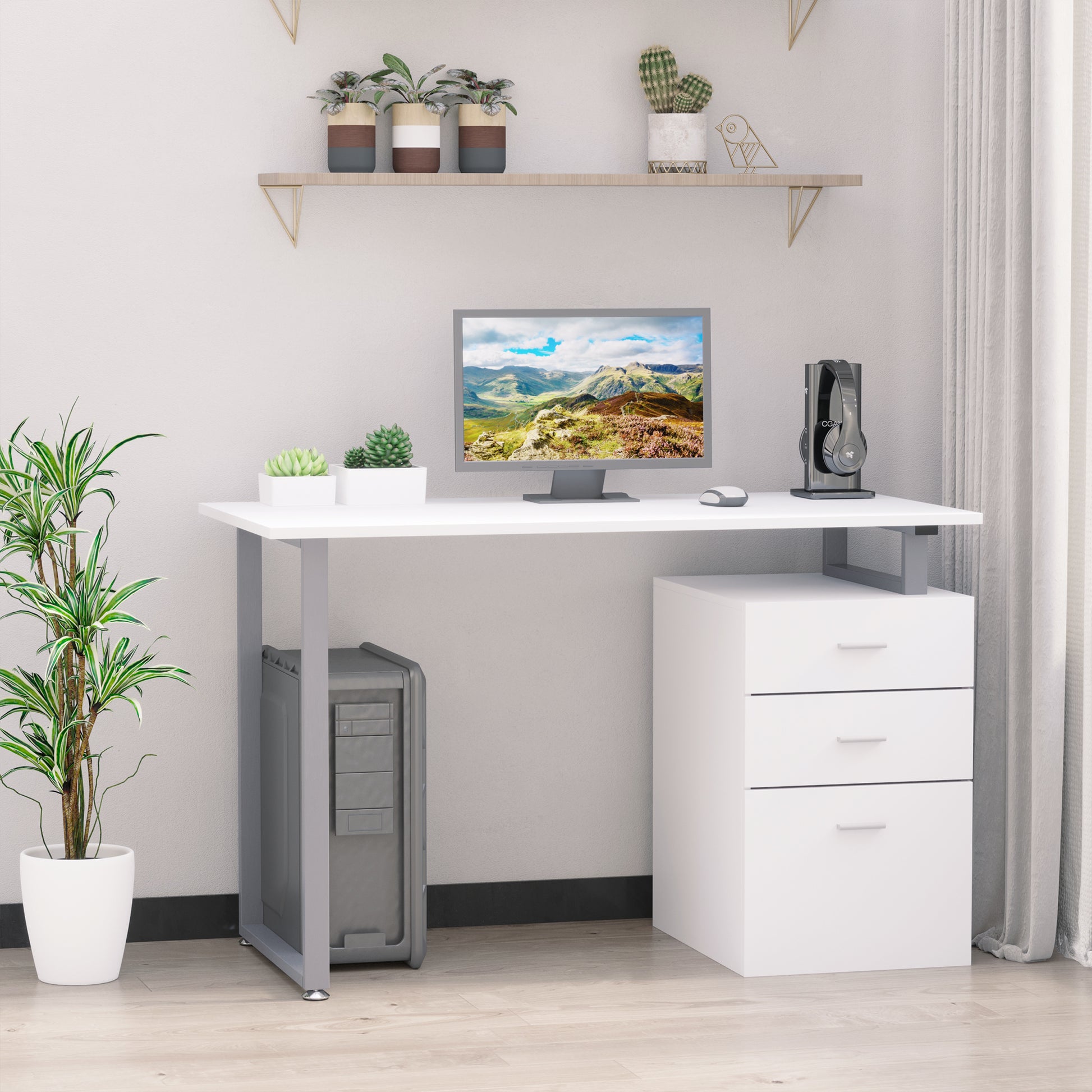 47" L Computer Desk Writing Table Workstation with Multi-Use Reversible File Drawers Metal Frame Home Office Furniture, White Writing Desks   at Gallery Canada