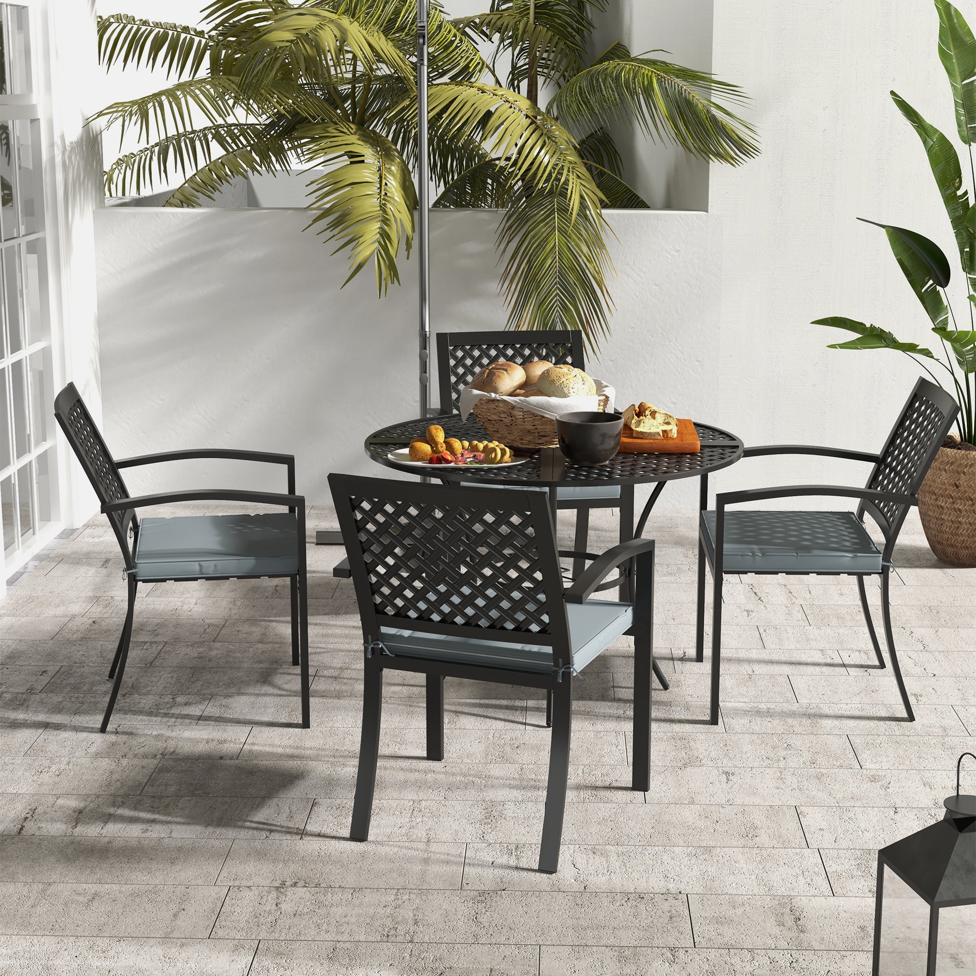 Stackable Cushioned Armchairs 5-Piece Outdoor Dining Set with Umbrella Hole, Grey Bistro Sets   at Gallery Canada