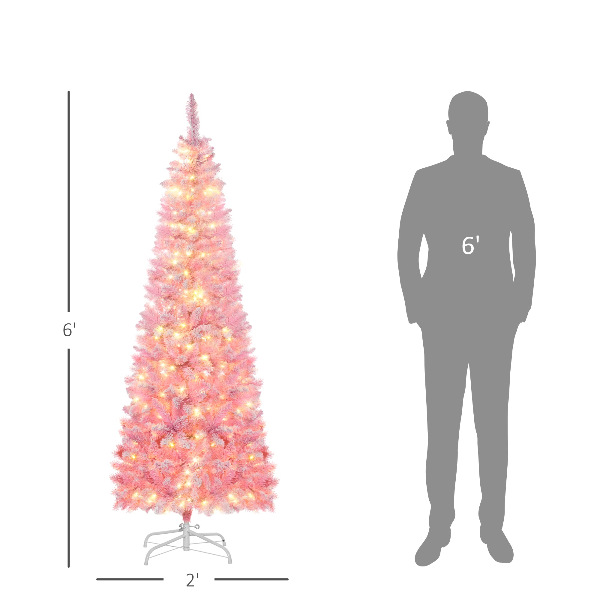 6 Foot Prelit Snow Flocked Artificial Christmas Tree with Pencil Shape, 500 Pine Realistic Branches, Warm White LED lights, Auto Open, Pink and White Pre Lit Christmas Trees   at Gallery Canada