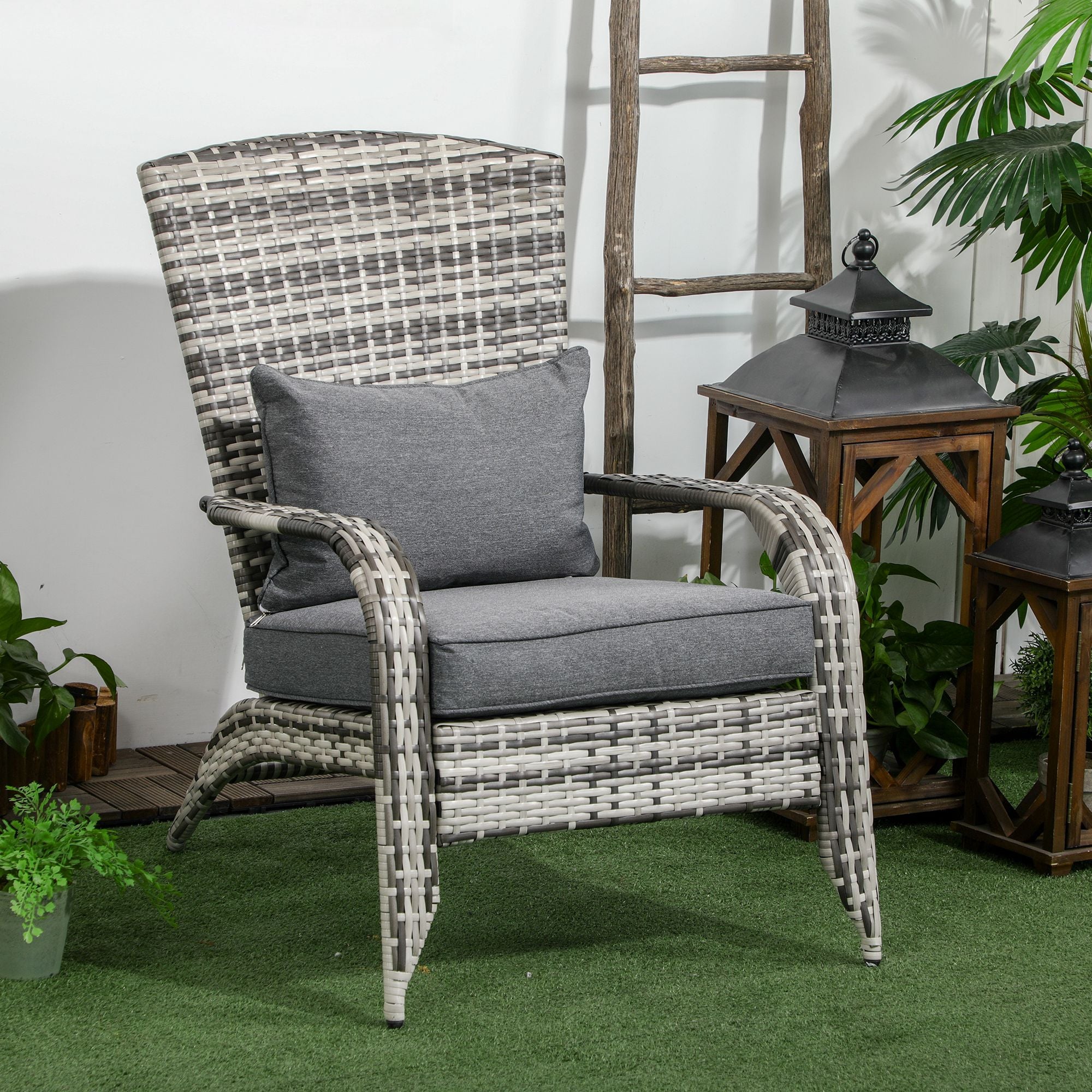 Wicker Adirondack Chair with Cushions, Tall Backrest, Armrests for Patio, Grey Patio Chairs   at Gallery Canada