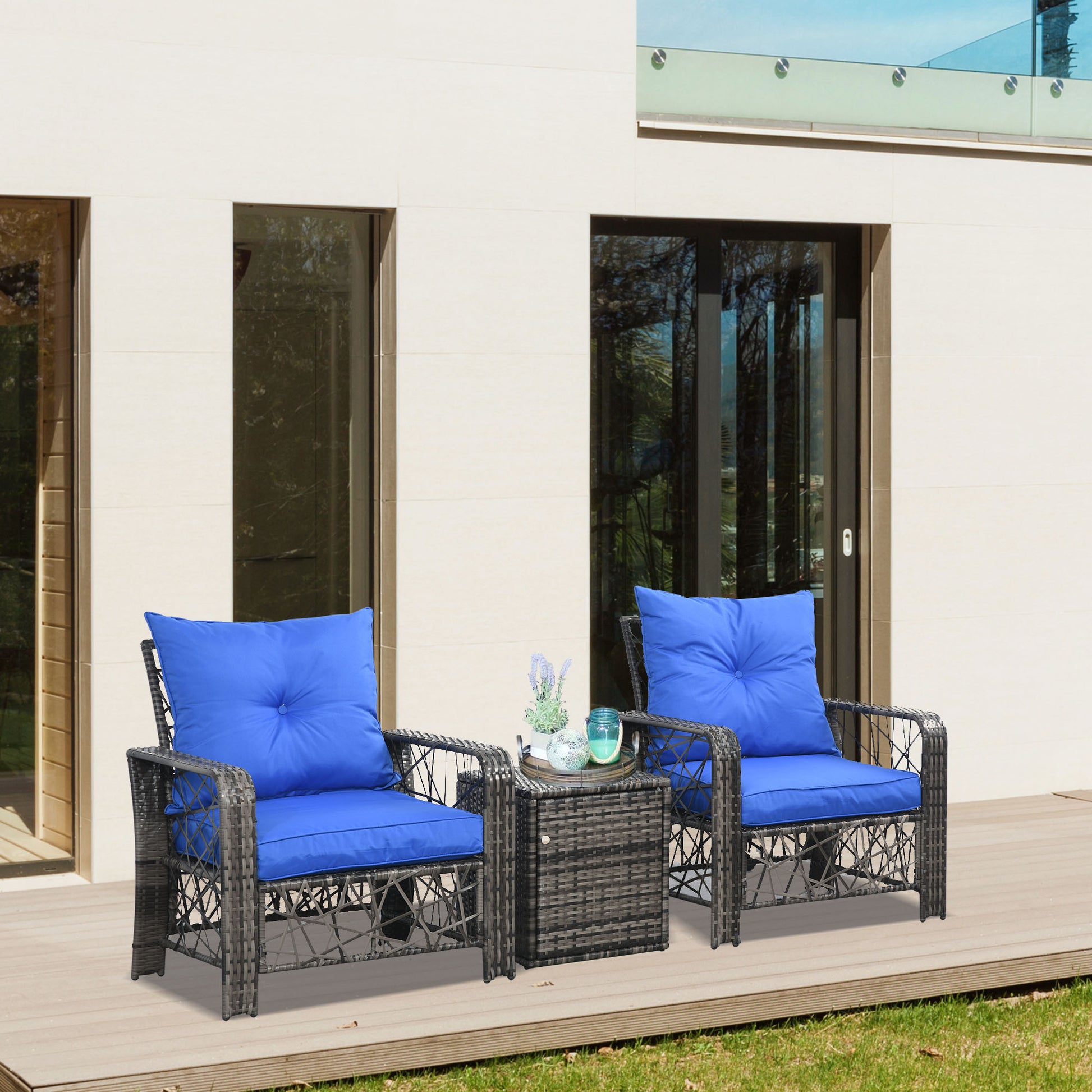 Deluxe 3-Piece Rattan Patio Furniture Set with Cushions & Storage, Blue Bistro Sets   at Gallery Canada