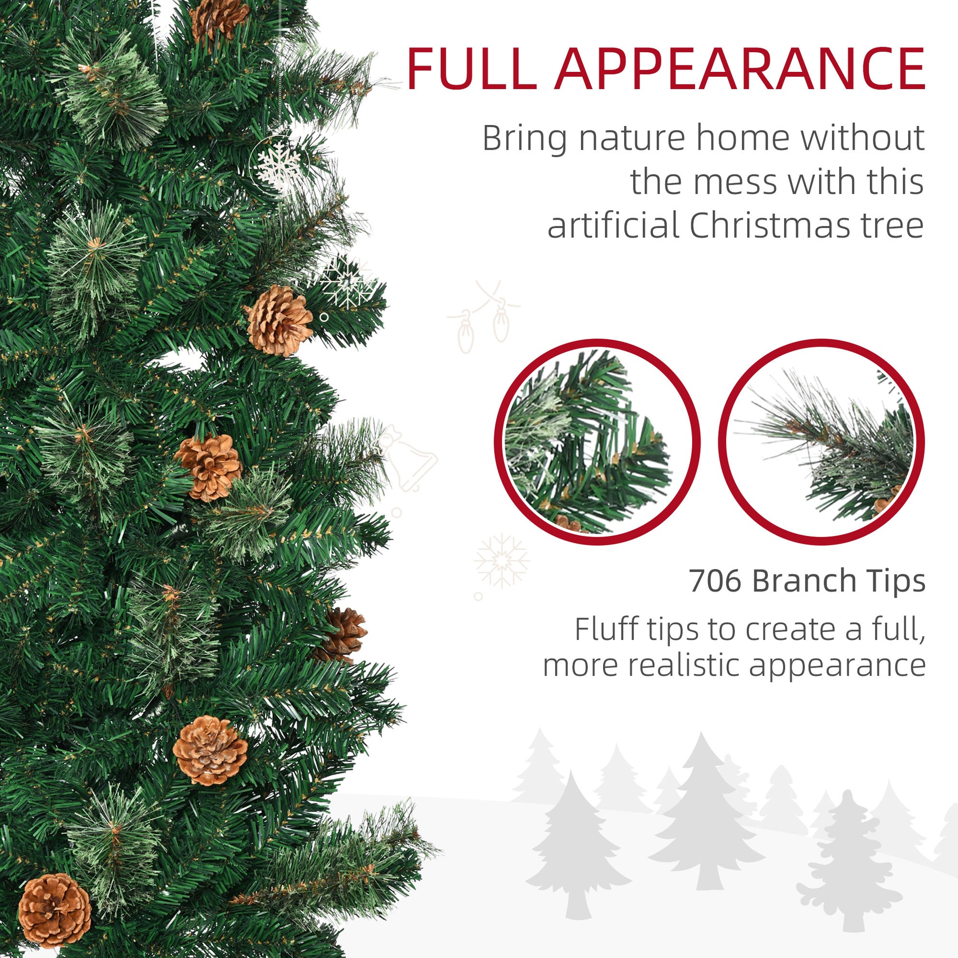 7.5ft Pencil Christmas Tree, Artificial Christmas with Pine Needles, Realistic Branches, Pine Cones, Metal Base, Green Pencil Christmas Trees   at Gallery Canada