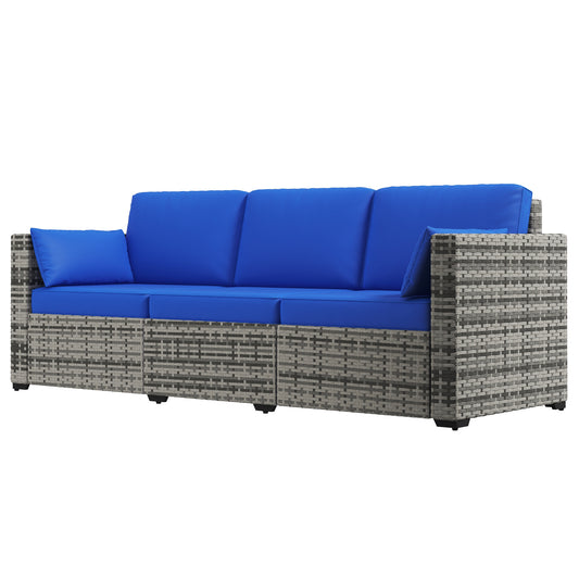 Three-Seater Outdoor Sofa with Cushions, PE Rattan Conversation Patio Couch with Pillows for Conservatory, Garden, Poolside, Blue Patio Furniture Sets Multi Colour  at Gallery Canada