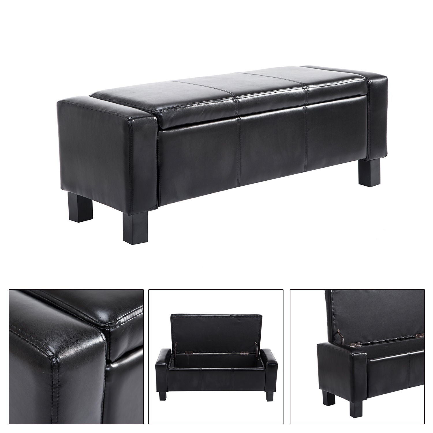 833-200BK 42” Deluxe Faux Leather Padded Storage Ottoman Bench Foot Stool Seat Chair with Organizer, Black Storage Ottomans & Benches   at Gallery Canada