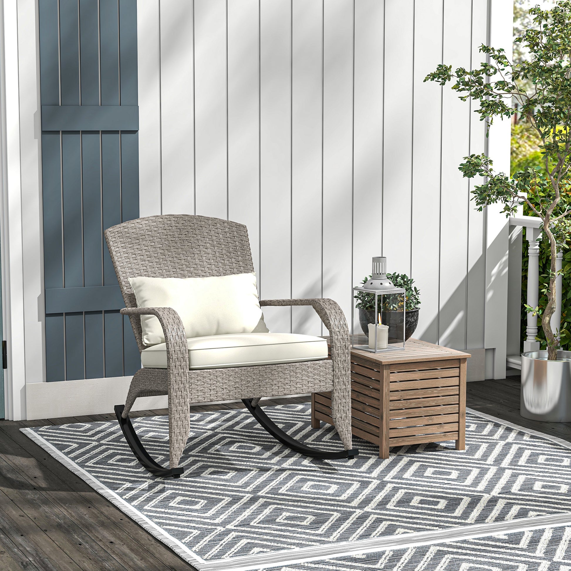 Adirondack Chair, Outdoor Wicker Rocking Chair with High Back, Seat Cushion and Pillow for Porch, Balcony, Cream White Patio Chairs   at Gallery Canada