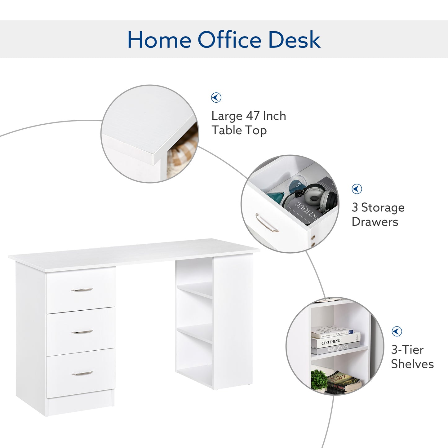 Computer Writing Desk Study Table Student Workstation w/ 3 Shelf &; 3 Storage Drawers Home Office Furniture White Writing Desks   at Gallery Canada