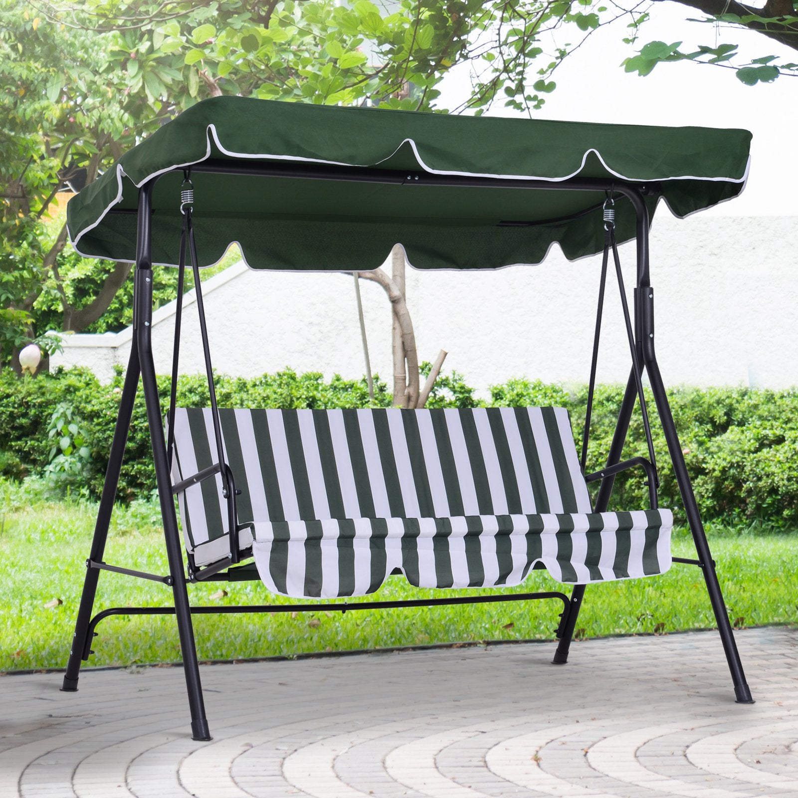 3-Seat Outdoor Swing Glider with Adjustable Canopy and Removable Cushion, Green Patio Swings with Stand   at Gallery Canada