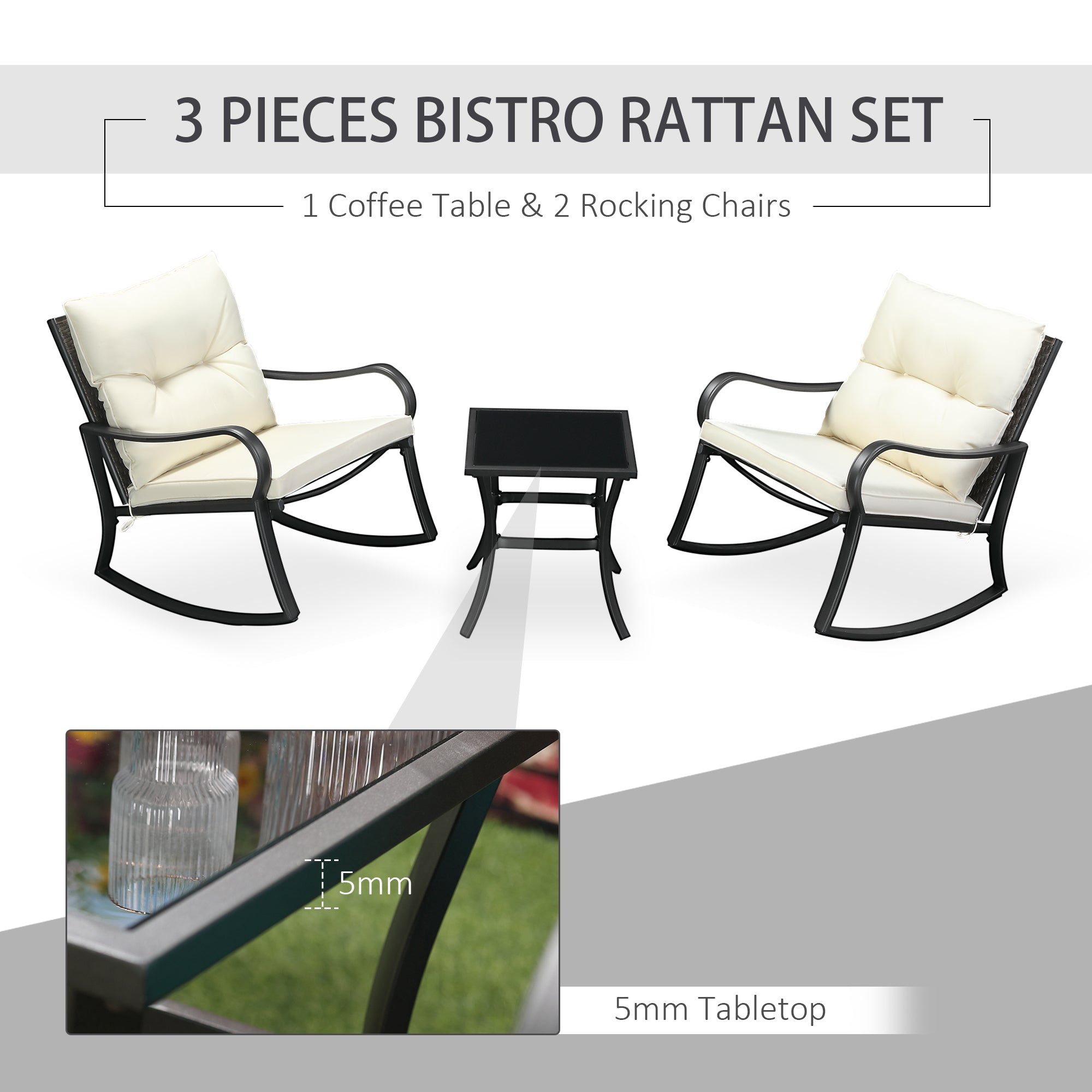 Outdoor PE Rattan Rocking Chair Set with Cushions & Table, Cream White Outdoor Rocking Chairs   at Gallery Canada