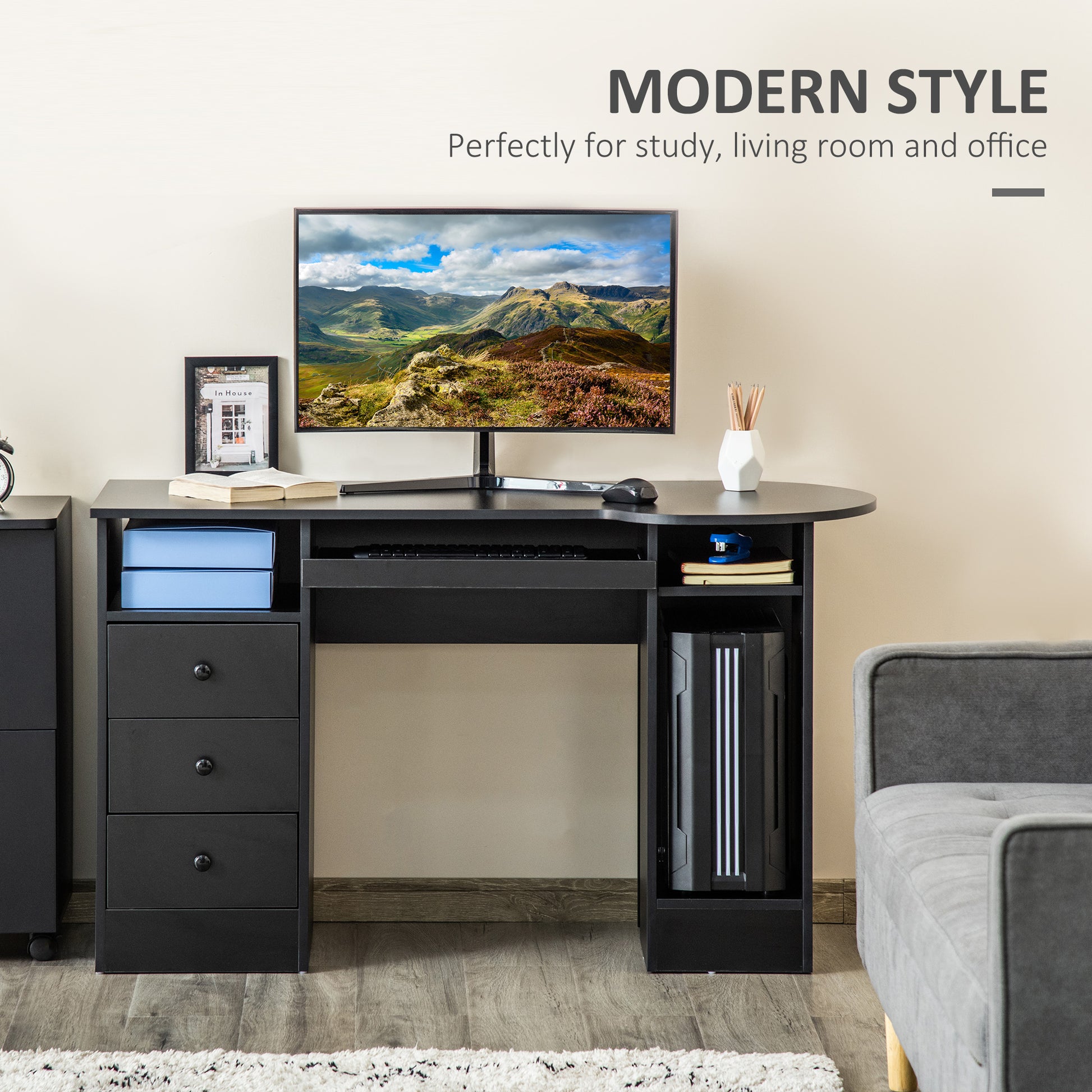 Modern Home Office Desk with Storage, Shelves, Drawers, Keyboard Tray, Black Computer Desks   at Gallery Canada