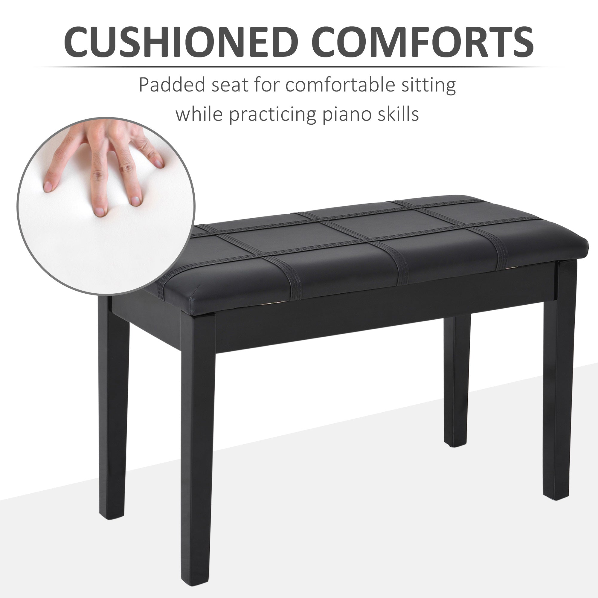 Duet Piano Storage Bench Two Person Professional Padded Keyboard Seat Birchwood with Traditional PU Leather Lift Top Black Piano Benches   at Gallery Canada