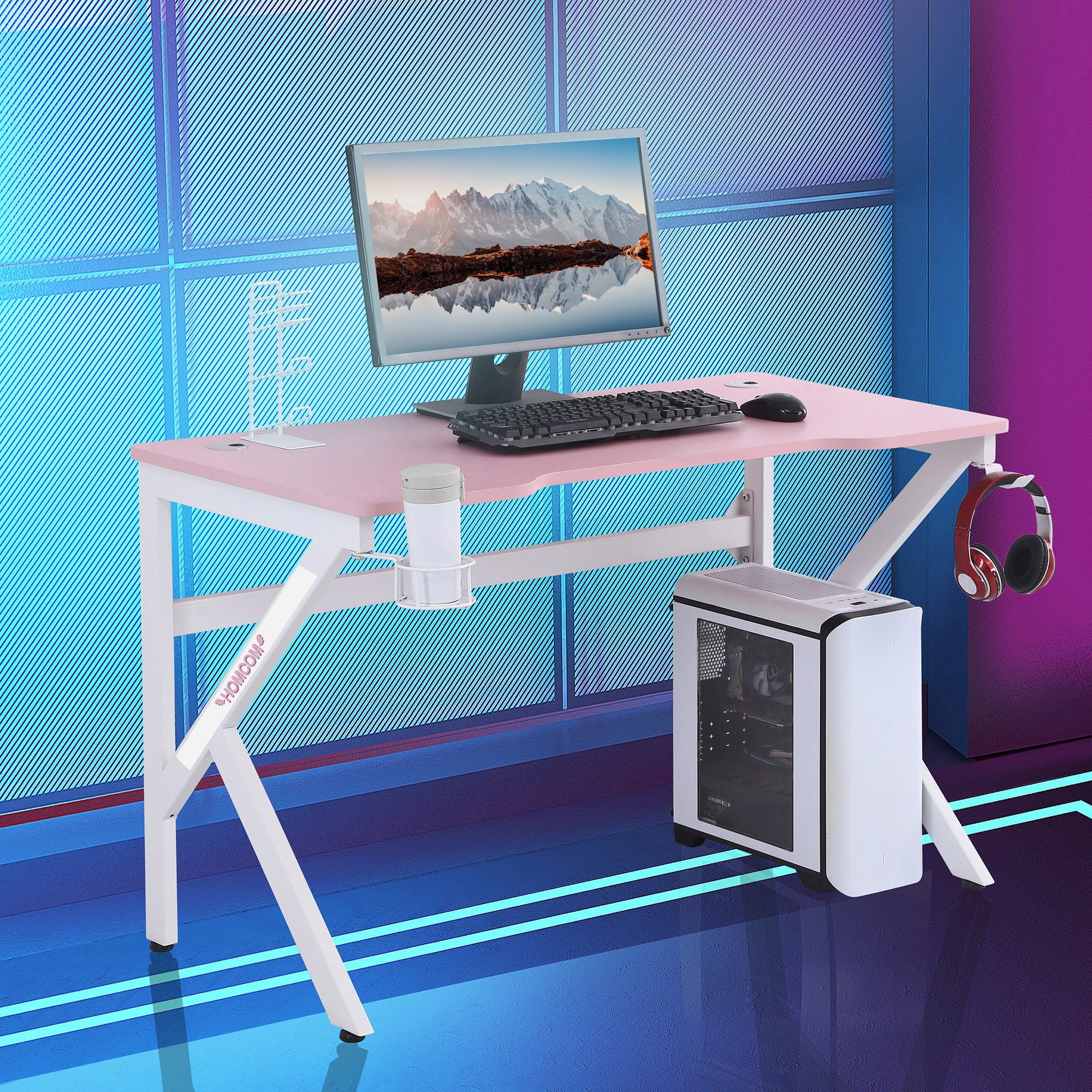 47 inch Gaming Desk, Racing Style Computer Table, Home Office Workstation with Rotatable Cup Holder, Headphone Hook, Gamepad Stand, Wire Port, Pink Gaming Desks   at Gallery Canada