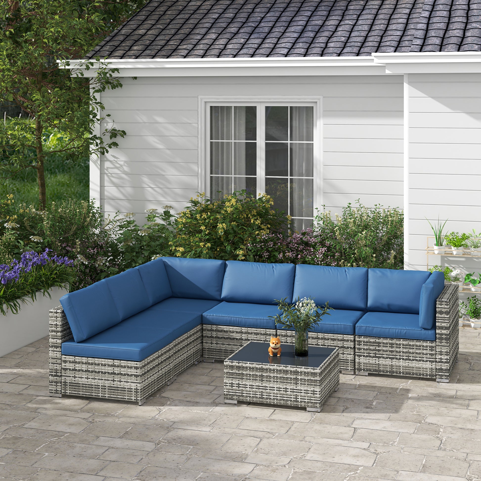 7pc Garden Wicker Sectional Set w/ Tea Table Patio Rattan Lounge Sofa Outdoor Deck Furniture Blue Patio Furniture Sets   at Gallery Canada