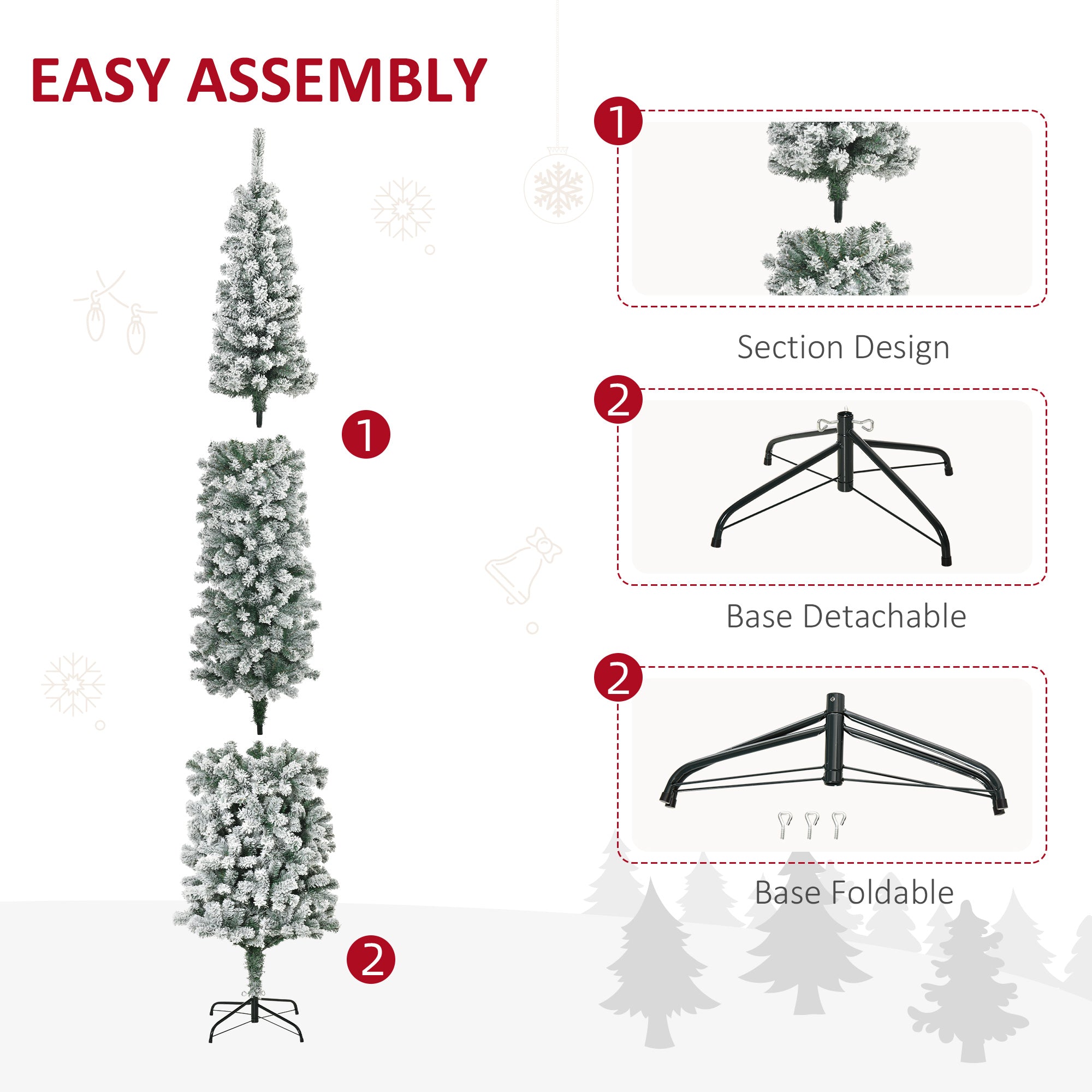 7.5ft Snow Flocked Pencil Christmas Tree Artificial Slim Xmas Tree with Realistic Branch Tips Folding Metal Stand Pencil Christmas Trees   at Gallery Canada