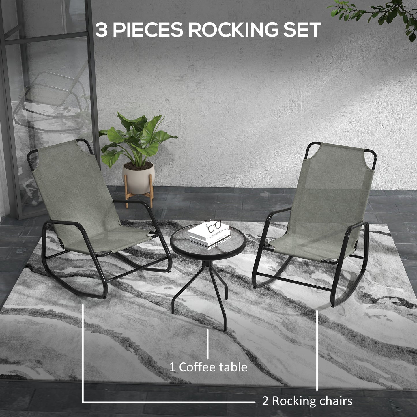 Patio Rocking Chairs Set of 2, 3 Pieces Patio Bistro Set with Metal Frmae, Breathable Mesh Fabric Seat for Garden, Deck, Grey Outdoor Rocking Chairs   at Gallery Canada