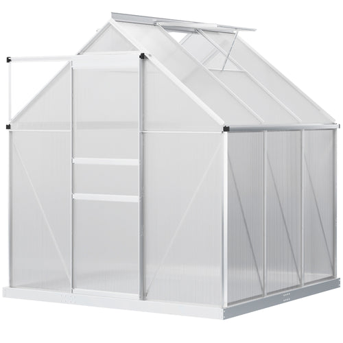 Polycarbonate Walk-in Greenhouse with Vent, Base, Door, Gutter, 6' x 6' x 6.5', Clear