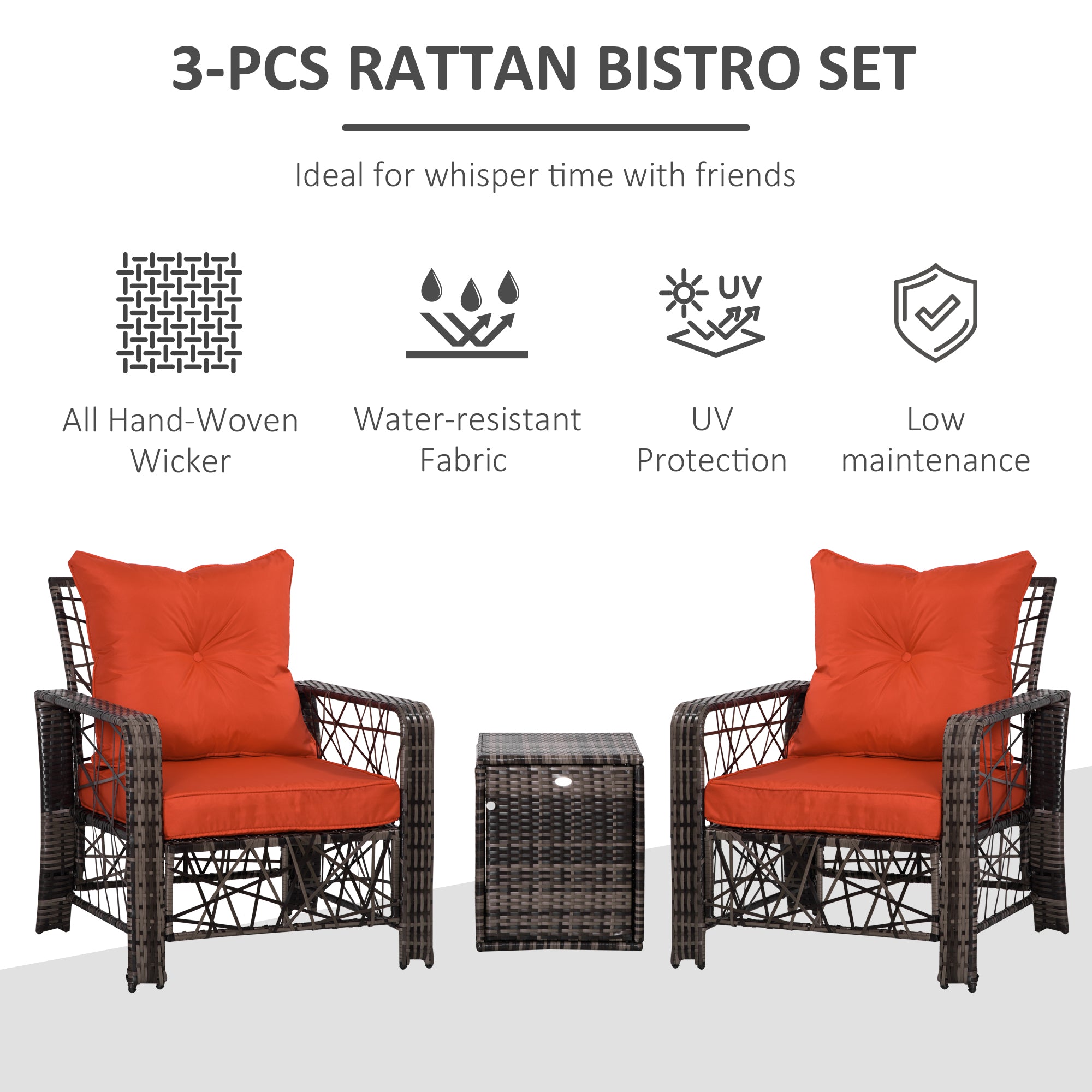 Deluxe 3-Piece Rattan Patio Furniture Set with Cushions & Storage, Red Bistro Sets   at Gallery Canada