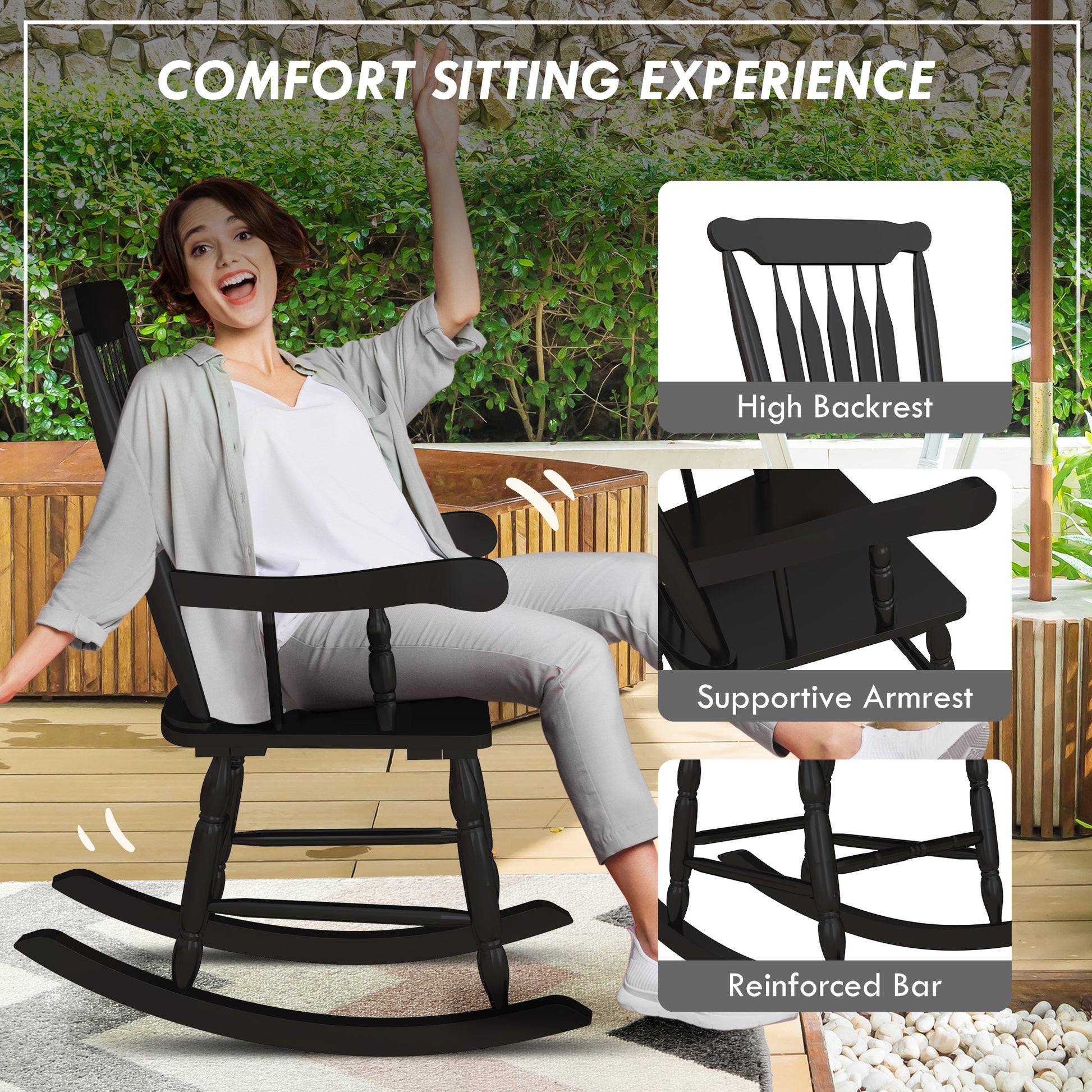 Porch Rocker Chair, Outdoor Wooden Rocking Chair with High Back for Garden, Patio, Balcony, Black Outdoor Rocking Chairs   at Gallery Canada