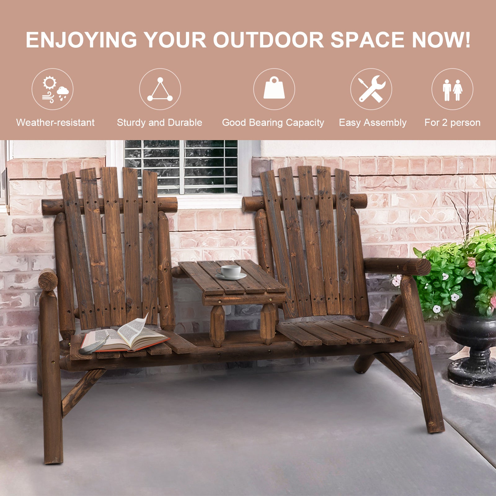 Wood Adirondack Patio Chair Bench with Center Coffee Table, for Lounging and Relaxing Outdoors Carbonized Outdoor Benches   at Gallery Canada