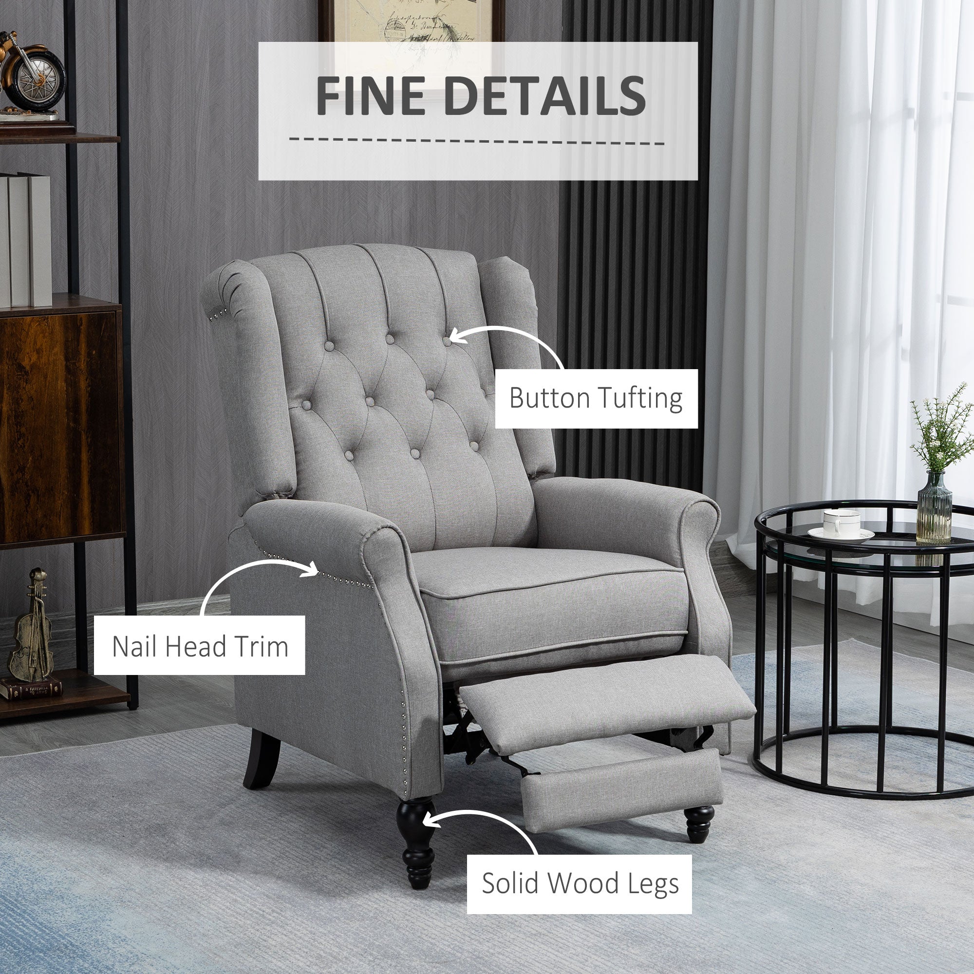 Wingback Reclining Chair with Footrest, Button Tufted Recliner Chair with Rolled Armrests for Living Room, Light Grey Single Sofas   at Gallery Canada