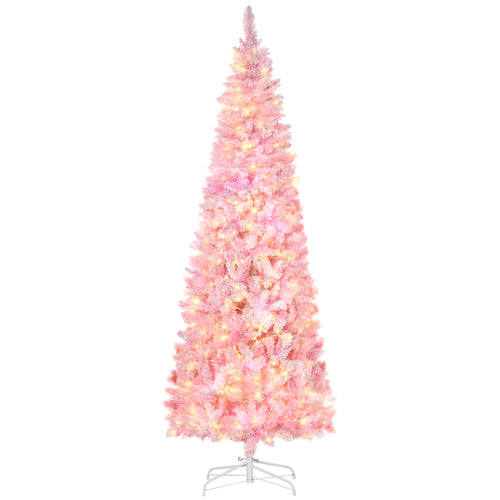 Prelit 7.5 Ft Snow Flocked Pencil Christmas Tree, 700 Branches, LED Lights, Pink