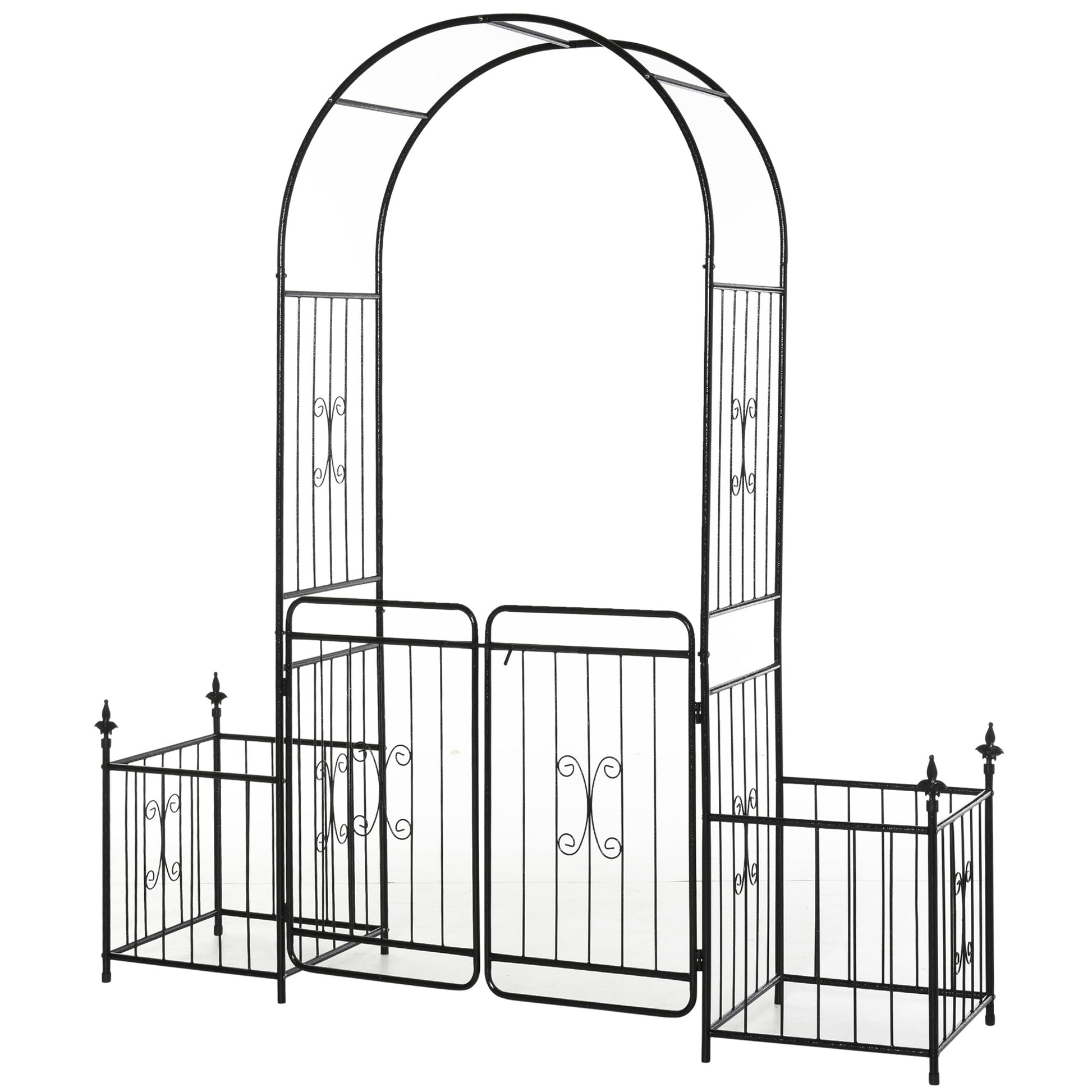 7.2FT Metal Garden Arbor Arch with Double Doors, 2 Side Planter Baskets, Climbing Vine Frame, Black Garden Arches Black  at Gallery Canada