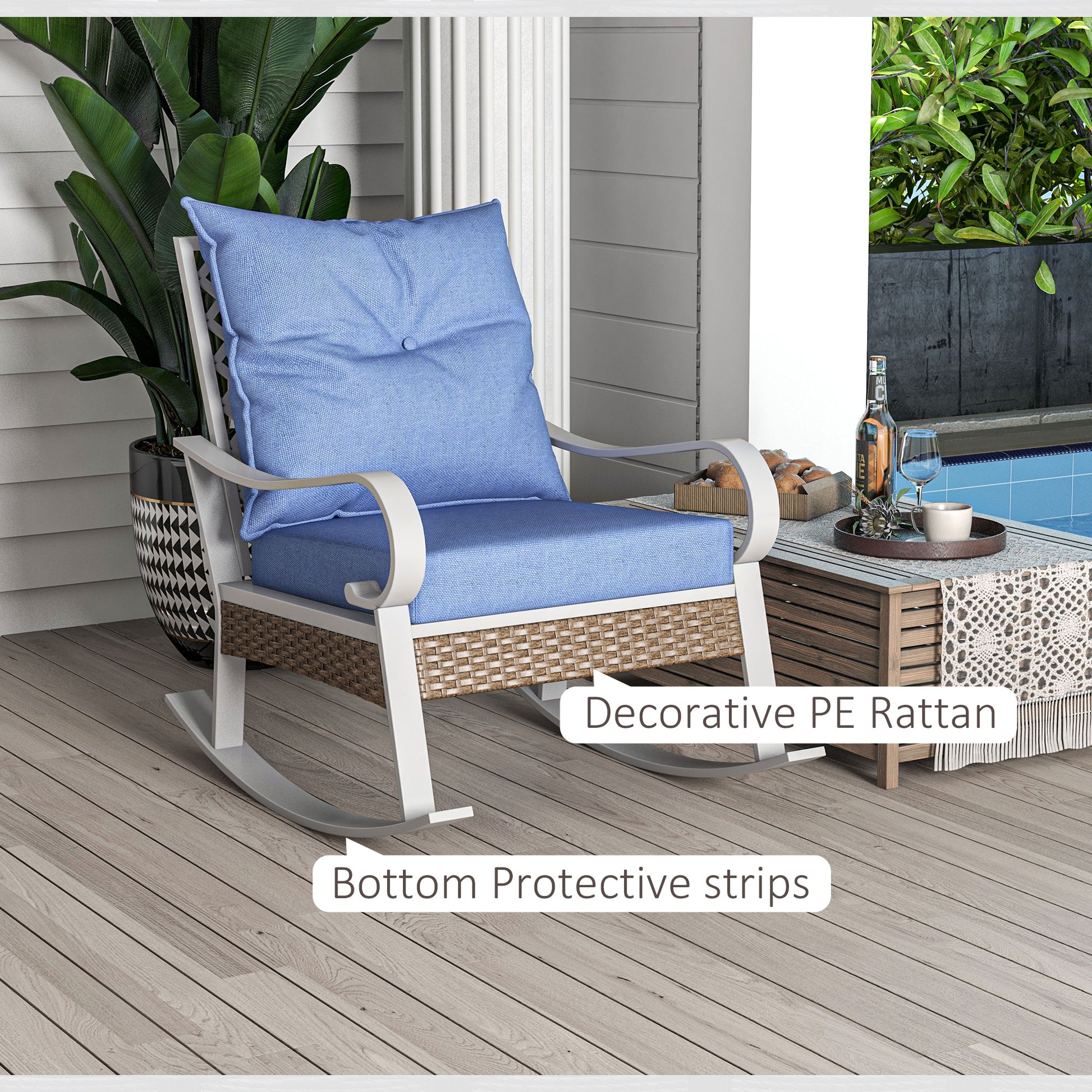 Outdoor Rocker, Porch Rocking Chair with Soft Cushion, Rattan Decoration for Garden, Patio, Balcony, Lawn, Light Blue Outdoor Rocking Chairs   at Gallery Canada