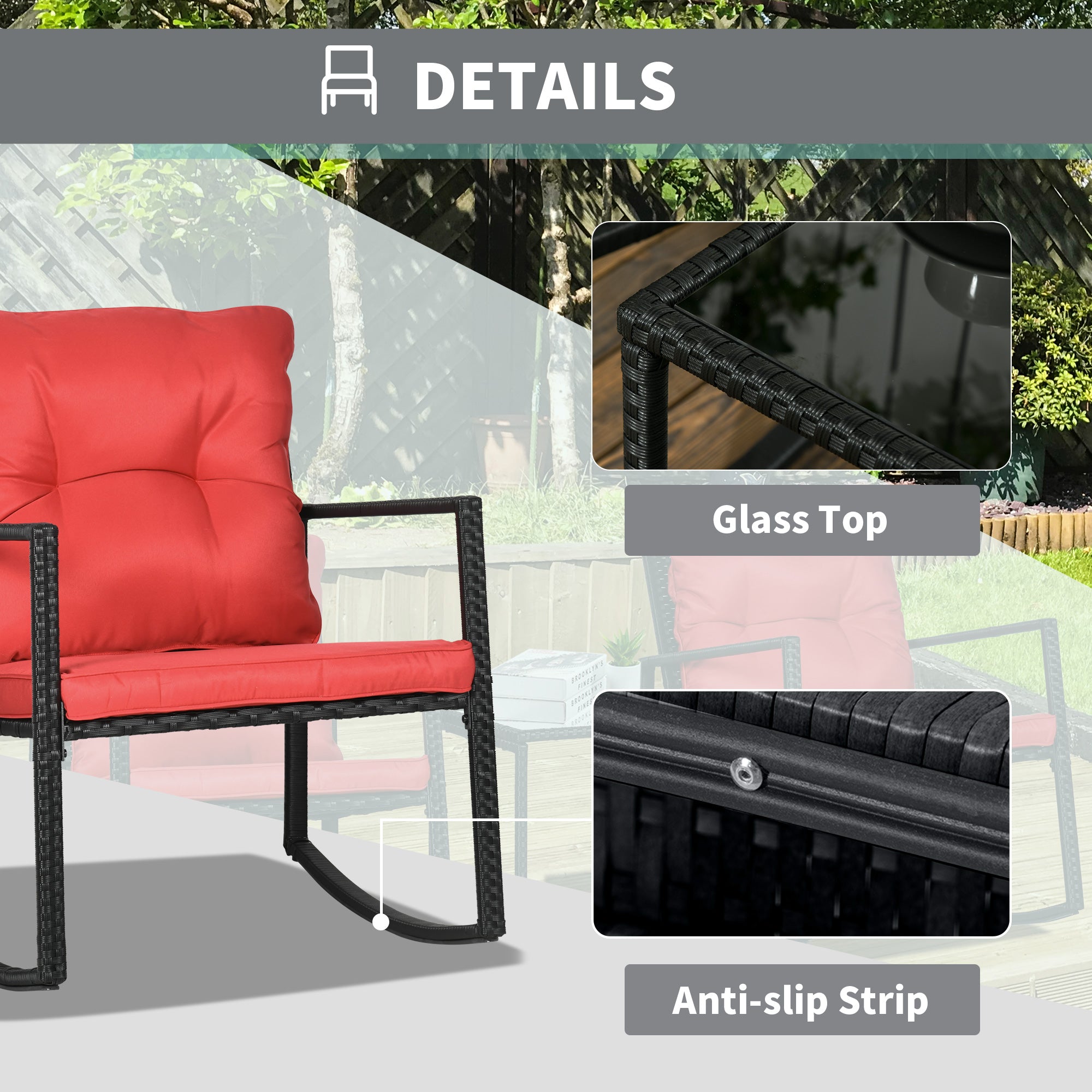 Outdoor Wicker Rocking Bistro Set with Cushions and Glass Table, Red Outdoor Rocking Chairs   at Gallery Canada