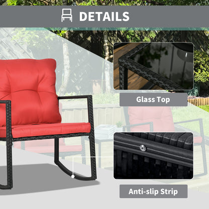 Outdoor Wicker Rocking Bistro Set with Cushions and Glass Table, Red Outdoor Rocking Chairs   at Gallery Canada