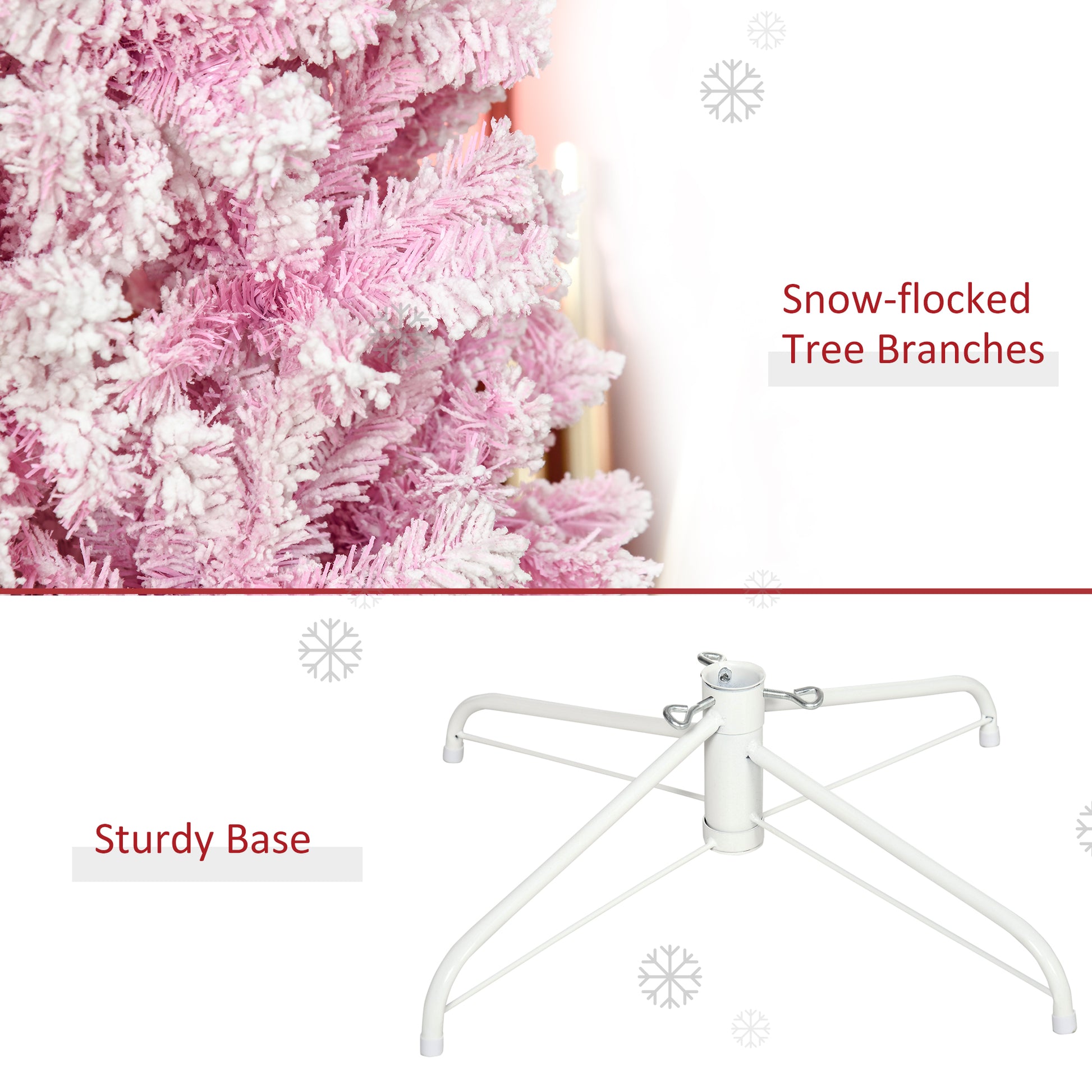 7.5 FT Snow Flocked Artificial Christmas Tree, Pencil Xmas Tree with Realistic Branches, Auto Open and Steel Base, Pink Pencil Christmas Trees   at Gallery Canada