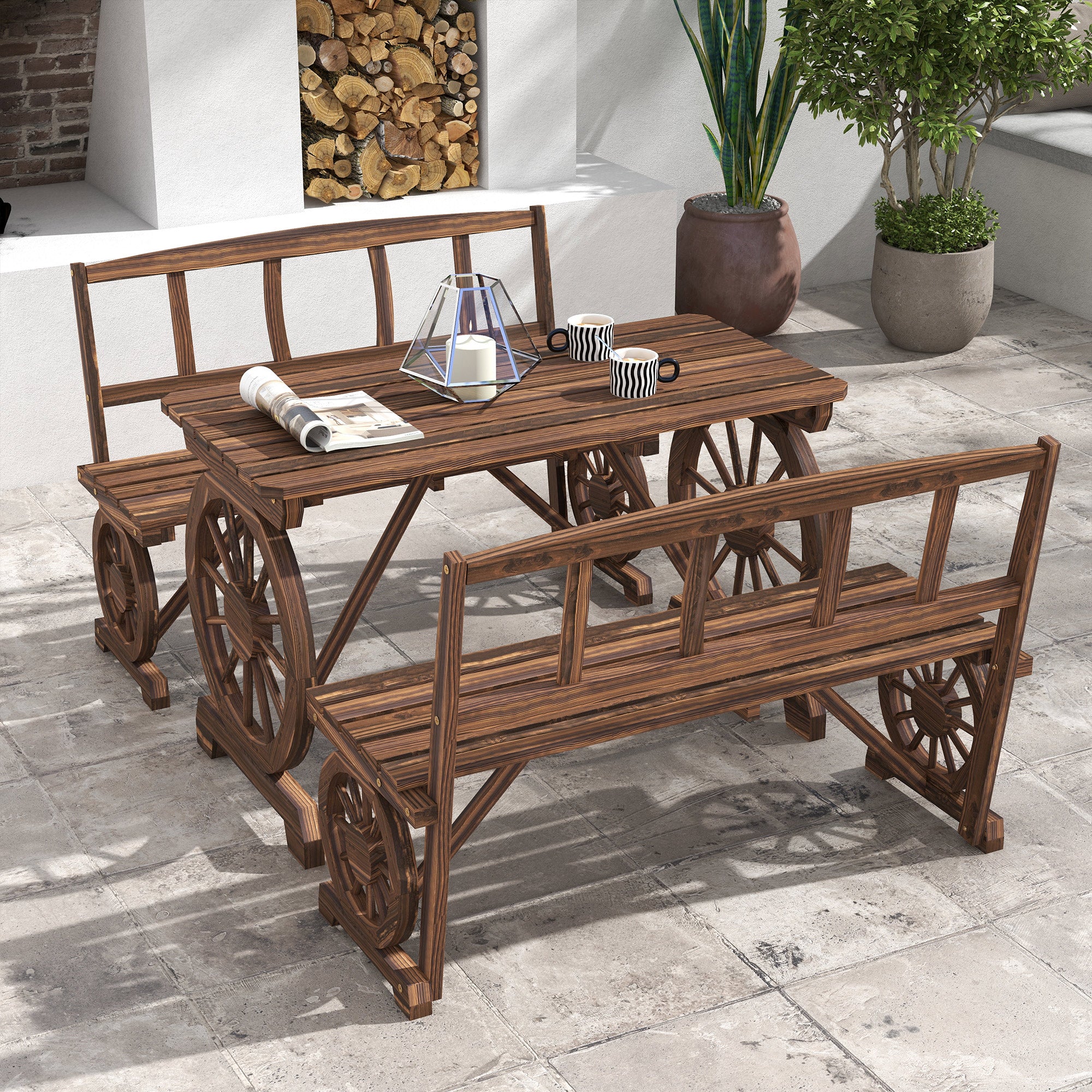 Wooden Patio Table and Chairs for 4 People 3-Piece Carriage Wheels Design for Porch, Backyard, Balcony, Carbonized Bistro Sets   at Gallery Canada