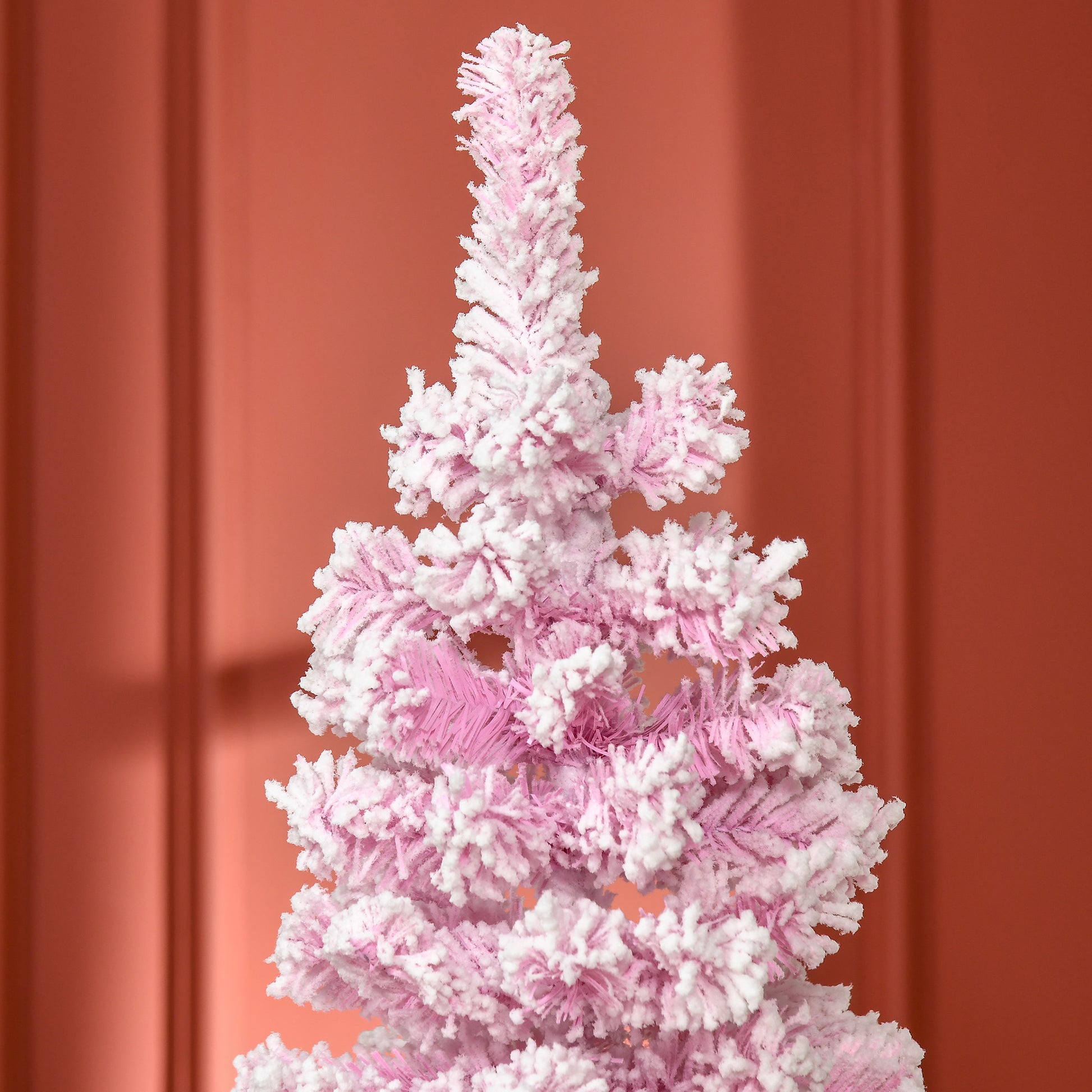 6 FT Snow Flocked Artificial Christmas Tree, Pencil Xmas Tree with Realistic Branches, Auto Open and Steel Base, Pink Artificial Christmas Trees   at Gallery Canada