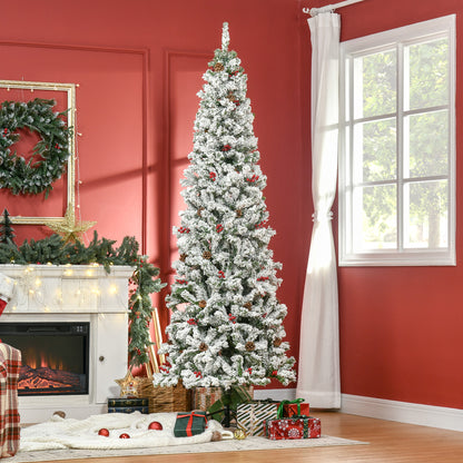 7.5 Foot Pencil Snow Flocked Artificial Christmas Tree with 950 Pine Realistic Branches, Pine Cones, Red Berries, Auto Open, Green Pencil Christmas Trees   at Gallery Canada