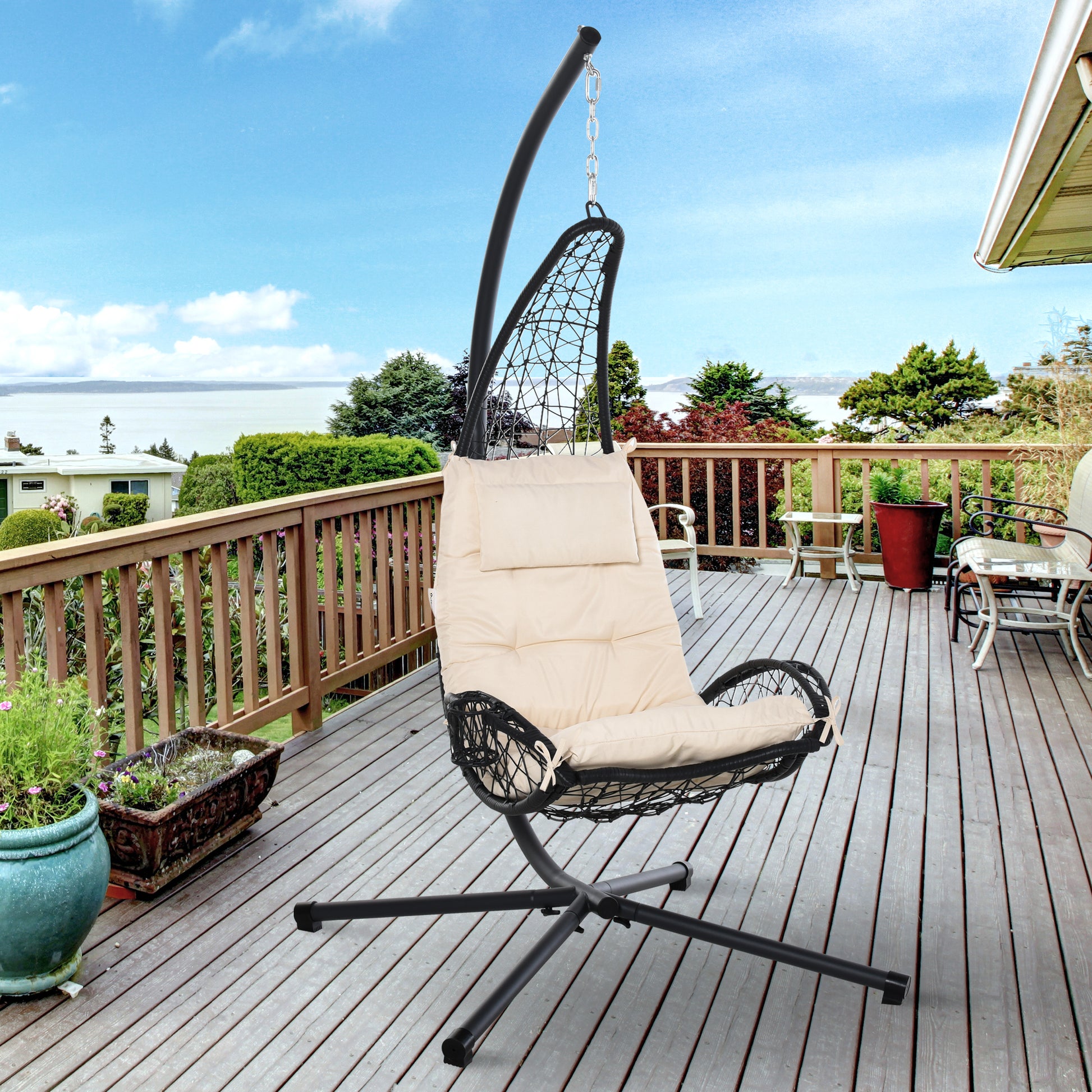 Wicker Hanging Egg Chair with Stand, Cushion, Pillow, Cup Holder, Beige Patio Swings with Stand   at Gallery Canada