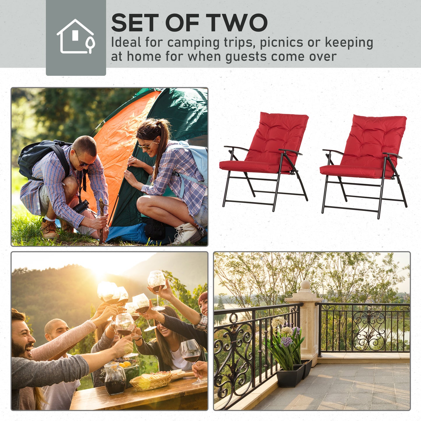 Set of 2 Outdoor Folding Chairs with Adjustable Backrest, Padded Camping Chairs for Outdoor Events, Red - Gallery Canada