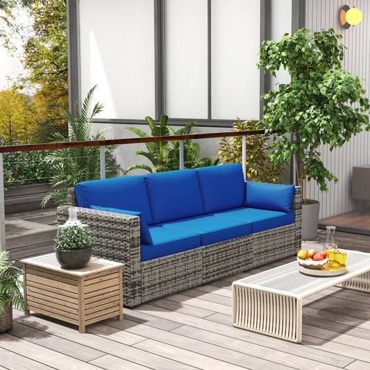 Three-Seater Outdoor Sofa with Cushions, PE Rattan Conversation Patio Couch with Pillows for Conservatory, Garden, Poolside, Blue - Gallery Canada