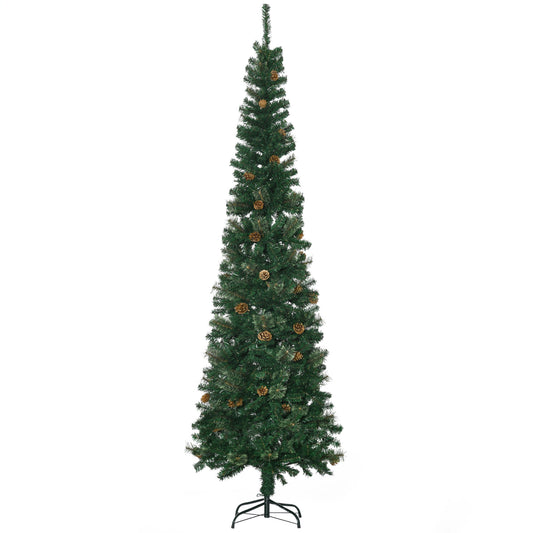 7.5ft Pencil Christmas Tree, Artificial Christmas with Pine Needles, Realistic Branches, Pine Cones, Metal Base, Green - Gallery Canada