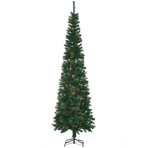 7.5ft Pencil Christmas Tree, Artificial Christmas with Pine Needles, Realistic Branches, Pine Cones, Metal Base, Green